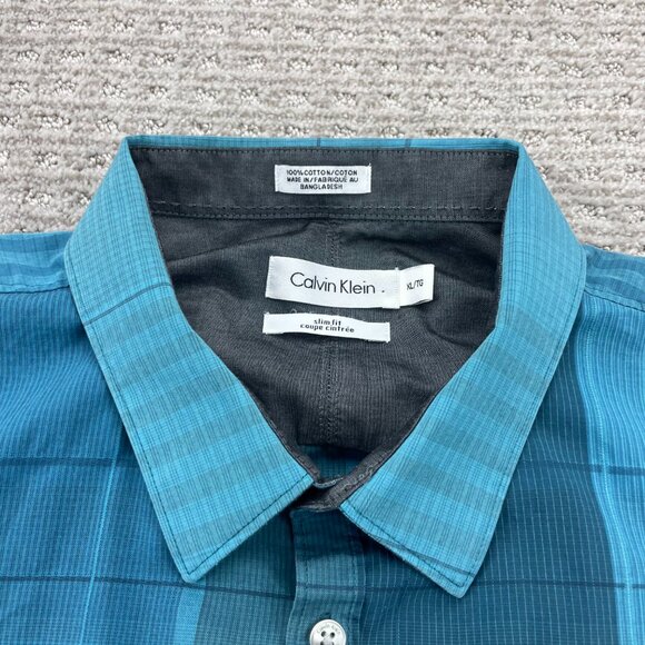 Calvin Klein Button Up Shirt Men XL Teal Blue Plaid Slim Fit Polo Long Sleeve - Picture 3 of 8